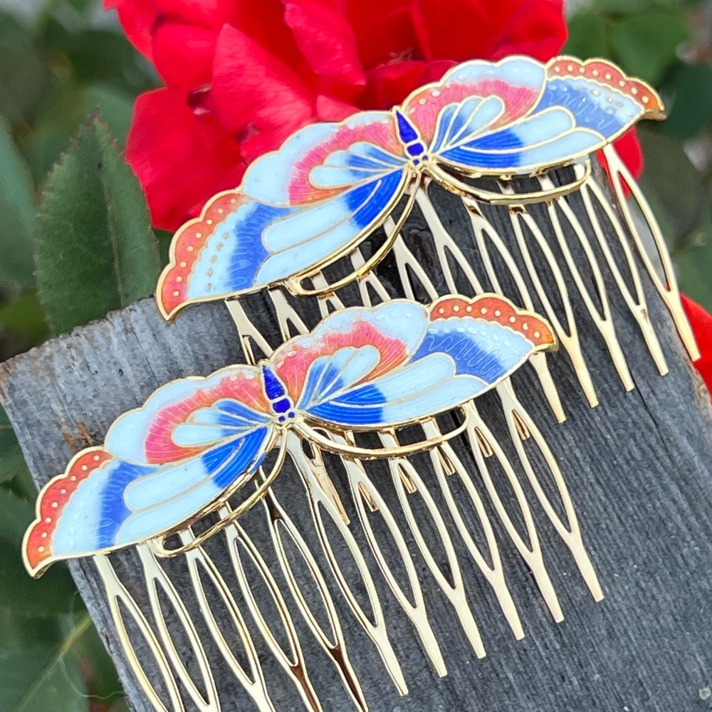 Set of 2 Vintage Cloisonné Butterfly Hair Combs – Pre-owned Excellent Condition